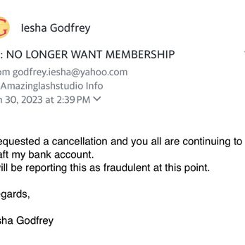 Amazing Lash Studio - Email asking to cancel - Eyelash Service Near Me - The Woodlands, Texas