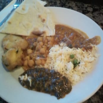 Cafe Bombay - Spinach, Chickpeas, fried veggies, rice, nann and lentils this day. - Indian Near Me - Norcross, Georgia Cafe Bombay - Spinach, Chickpeas, fried veggies, rice, nann and lentils this day. - Indian Near Me - Norcross, Georgia