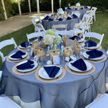 Tennessee Gardens Event Center - Ivory tablecloth, navy overlay, with navy blue napkins - Party & Event Planning Near Me - Redlands, California Tennessee Gardens Event Center - Ivory tablecloth, navy overlay, with navy blue napkins - Party & Event Planning Near Me - Redlands, California