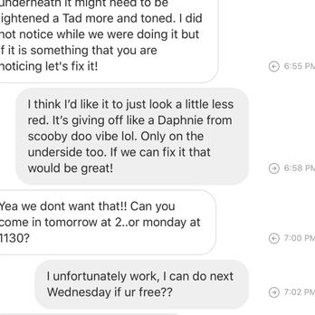 Salon Halo - 6:58 is when I messaged her. I left the salon around 2:30. - Makeup Artists Near Me - Kansas City, Missouri Salon Halo - 6:58 is when I messaged her. I left the salon around 2:30. - Makeup Artists Near Me - Kansas City, Missouri