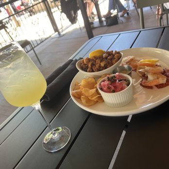 Brix Wine Cafe - Seafood sampler and my drink - some sort of champagne mix with limoncello liquor (I believe) - Wine Bars Near Me - Woodinville, Washington