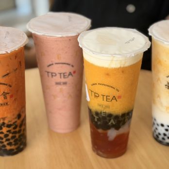 TP Tea - Thai tea w/ boba, Strawberry milk tea, Mango cheese foam w/ boba lychee jelly and boba, and Mango passion w/ tea. - Bubble Tea Near Me - San Diego, California TP Tea - Thai tea w/ boba, Strawberry milk tea, Mango cheese foam w/ boba lychee jelly and boba, and Mango passion w/ tea. - Bubble Tea Near Me - San Diego, California
