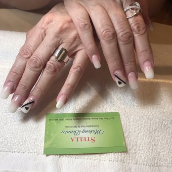 Stella Making Beauty - This is a ombré with the final touch with gel, design with black  polish and 3 rhinestones. I absolutely love it!!! - Nail Salons Near Me - Burbank, California