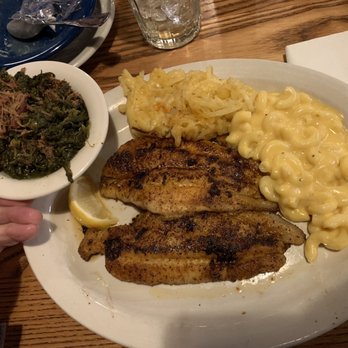 Cracker Barrel Old Country Store - Spicy Grilled Catfish w/ Stewed Turnip Greens, Hash Brown Casserole, Mac & Cheese - Breakfast & Brunch Near Me - Clinton, New Jersey