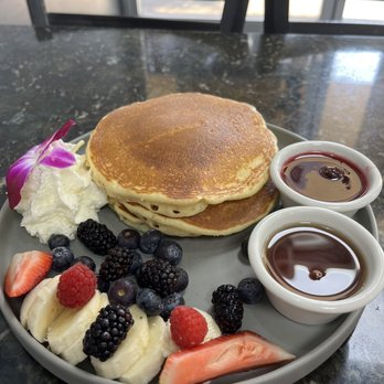 Tata's Cafe - Blueberry Sauce Pancakes (sauce on the side) - Breakfast & Brunch Near Me - Hawthorne, California