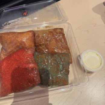 Beignets Expressed - Simply Glazed (top left), Strawberry Shortcake (bottom left), Bananas Foster (top right), Caramel Apple Crumble (bottom right) - Desserts Near Me - Anaheim, California