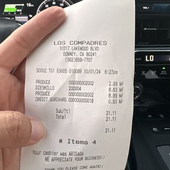 Carniceria Los Compadres - Receipt of the price of salsa being $8.99 and the price of meat being $8.63. Still shocked. - Meat Shops Near Me - Downey, California