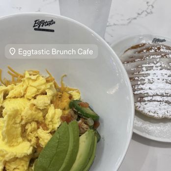 Eggtastic Brunch Cafe - Chicken Carnita Skillet with Buttermilk Pancakes - Breakfast & Brunch Near Me - Fort Worth, Texas Eggtastic Brunch Cafe - Chicken Carnita Skillet with Buttermilk Pancakes - Breakfast & Brunch Near Me - Fort Worth, Texas
