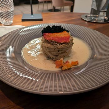 Serevene - @endoedibles on IG 10/26/24  LOBSTER UNI-ALFREDO - butter poached lobster, bucatini al dente, parmesan crust, domestic caviar - French Near Me - Miami Beach, Florida