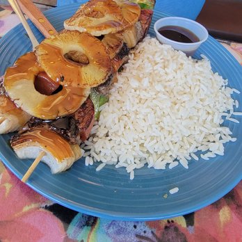 Hula's - Special of the Day: Filet Mignon skewer with rice, pineapple and teriyaki sauce. DELICIOUS! My husband ate every morsel. - American Near Me - Escalon, California Hula's - Special of the Day: Filet Mignon skewer with rice, pineapple and teriyaki sauce. DELICIOUS! My husband ate every morsel. - American Near Me - Escalon, California