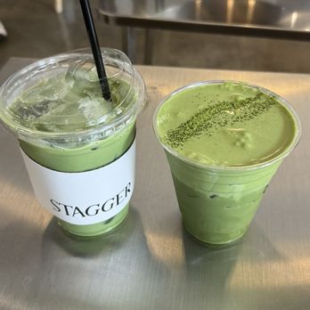 Stagger Coffee - Regular matcha latte (left) & Double matcha w/Oatmilk (right) - Coffee & Tea Near Me - Los Angeles, California