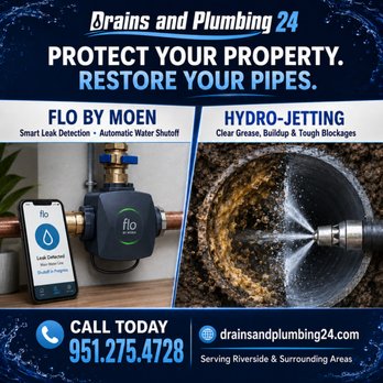 Drains and Plumbing 24 - Flo By Moen-Installation
and Hydro-Jetting Services - Plumbing Near Me - Riverside, California Drains and Plumbing 24 - Flo By Moen-Installation
and Hydro-Jetting Services - Plumbing Near Me - Riverside, California