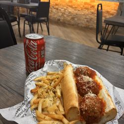 Meat Ball Parm sandwich and garlic fries