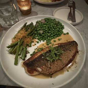 Mignonette - Snapper with peas and asparagus--fish was good if a bit under seasoned but the sides were great - New American Near Me - Miami, Florida