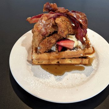 Maple Leaf Diner - 04/10/22 Chicken, Bacon & Waffles - Fried Chicken Breast, Bacon, Belgian Waffles, Strawberries, Whipped Cream, Cream Puffs - American Near Me - Dallas, Texas Maple Leaf Diner - 04/10/22 Chicken, Bacon & Waffles - Fried Chicken Breast, Bacon, Belgian Waffles, Strawberries, Whipped Cream, Cream Puffs - American Near Me - Dallas, Texas