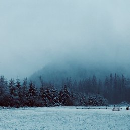 Shot of the empty rv parking site located at Emerald Valley Inn on a snowy evening.
