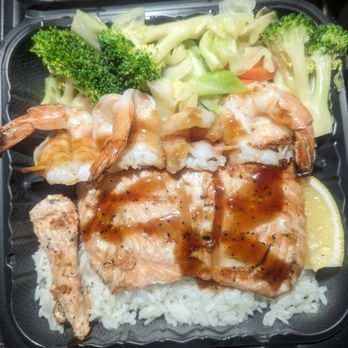 K-Grill - Salmon & shrimps with veggies and rice - Korean Near Me - Huntington Beach, California K-Grill - Salmon & shrimps with veggies and rice - Korean Near Me - Huntington Beach, California