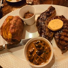 Ribeye. Mushroom sauce. Sweet potato. Ribeye. Mushroom sauce. Sweet potato.