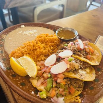 Rosa Madera - Carnita Tacos served with rice and beans - Mexican Near Me - Sacramento, California Rosa Madera - Carnita Tacos served with rice and beans - Mexican Near Me - Sacramento, California