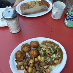 Veggie plater, Middle eastern breakfast (falafel instead of eggs to make vegan)