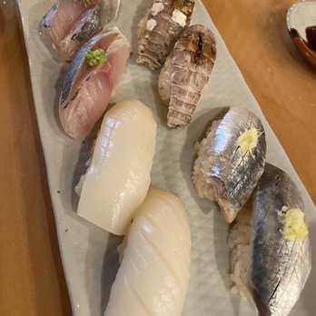 Sushi Kisen - Nigiri: bigfin reef squid, horse mackerel, mantis shrimp, sardine - Japanese Near Me - Arcadia, California Sushi Kisen - Nigiri: bigfin reef squid, horse mackerel, mantis shrimp, sardine - Japanese Near Me - Arcadia, California