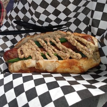 Moon Tower - Wild boar dog (made w/garlic, masala, and provolone) + Japs + provolone - Dive Bars Near Me - Houston, Texas Moon Tower - Wild boar dog (made w/garlic, masala, and provolone) + Japs + provolone - Dive Bars Near Me - Houston, Texas