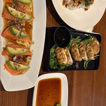 Sakura House Sushi & Grill - Salmon Carpaccio gyoza cucumber salad and Spider-Man roll - Japanese Near Me - Hemet, California