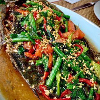 Courtside Thai Cuisine - 3lb Whole fried flounder - seasonal and a must have for family style dining - Thai Near Me - Fairfax, Virginia Courtside Thai Cuisine - 3lb Whole fried flounder - seasonal and a must have for family style dining - Thai Near Me - Fairfax, Virginia