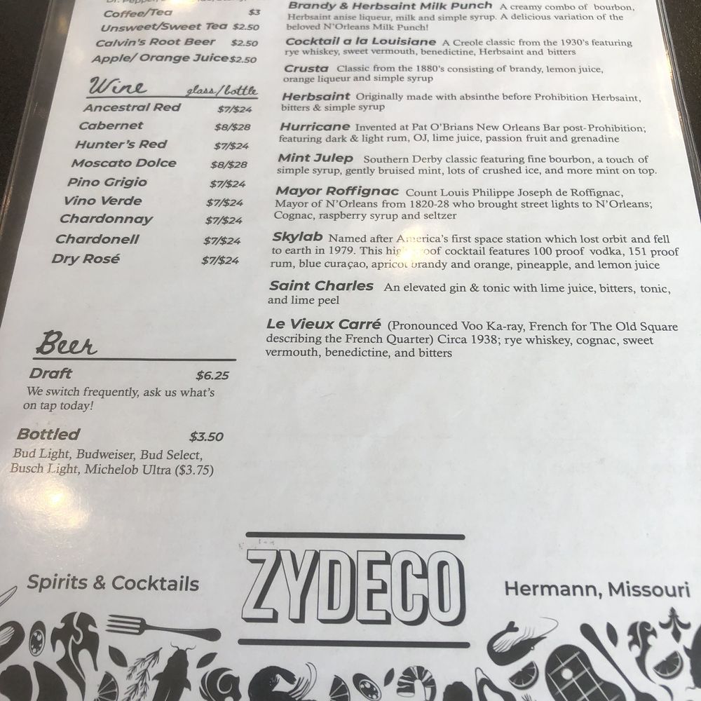 Zydeco - Drink Menu - Cajun/Creole Near Me - Hermann, Missouri Zydeco - Drink Menu - Cajun/Creole Near Me - Hermann, Missouri