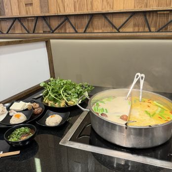 Happy Lamb Hot Pot - Original Marrow Broth, Sour & Spicy Broth (Tom yum), House Shrimp Paste, Tofu, Beef Tendon, Watercress, Baby Bok Choy, Pork Intestine - Hot Pot Near Me - Boston, Massachusetts