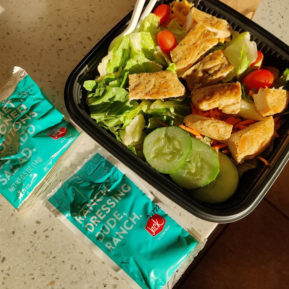 Jack in the Box - I cut my chicken and placed it on my salad - along with the dressing and croutons - Burgers Near Me - Kailua, Hawaii