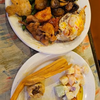 Cafe East Humble - My friend's plate. They tamale, fried biscuit,  veggies, stuffed crab. Lots of good stuff - Chinese Near Me - Humble, Texas