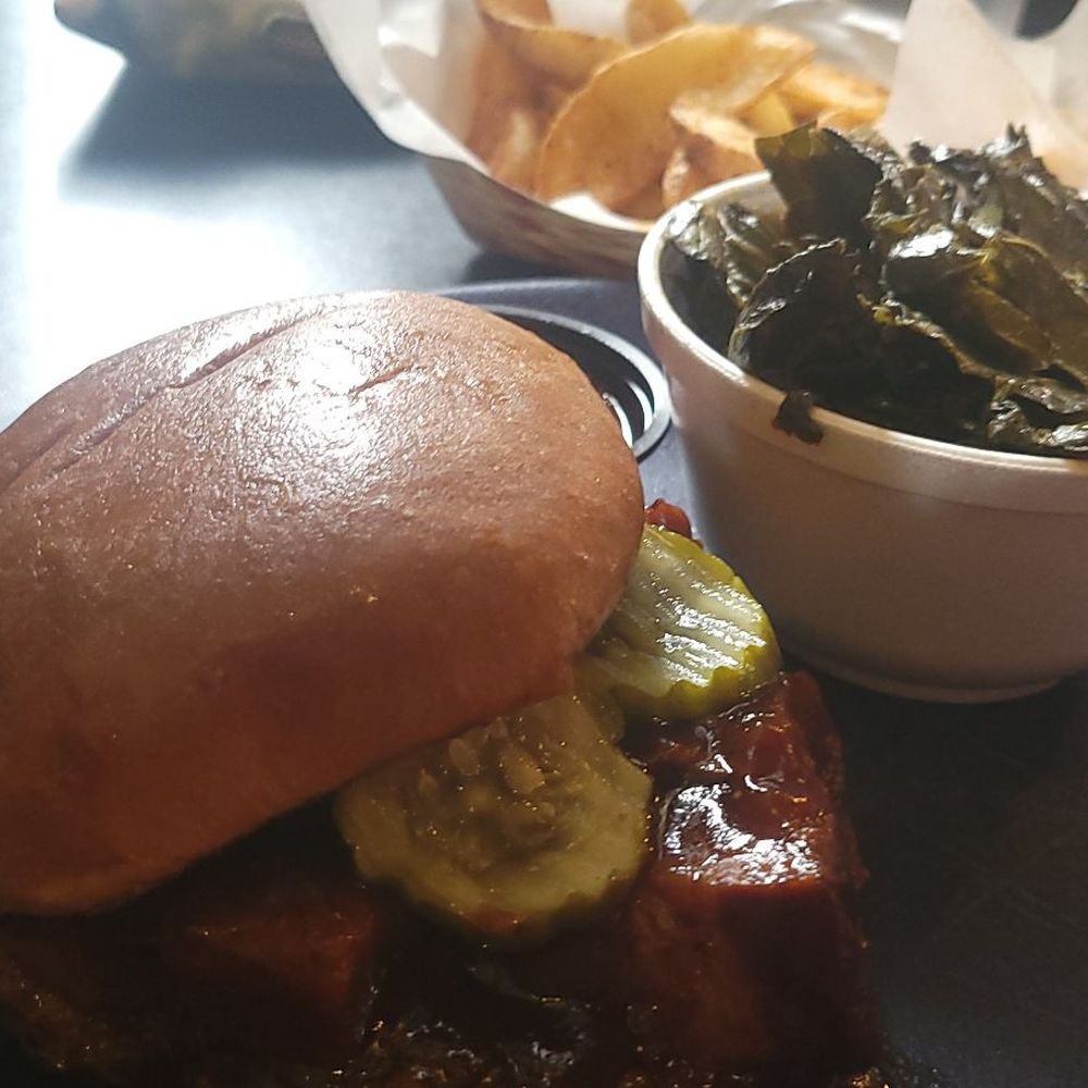 Four Pegs - Burnt End sandwich, Fries and Greens!! Yummy - Burgers Near Me - Louisville, Kentucky Four Pegs - Burnt End sandwich, Fries and Greens!! Yummy - Burgers Near Me - Louisville, Kentucky