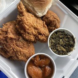 Indi's Fast Food Restaurant - Leg, thigh, breast with a side of greens and sweet potatoes with a roll