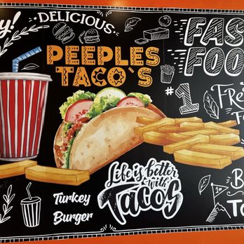 Peeples Taco’s - Art work - A colorful chalkboard menu features illustrations of a soda cup, tacos, fries, and text promoting Pepple's Tacos, a fast-food restaurant. - Fast Food Near Me - Hazel Crest, Illinois