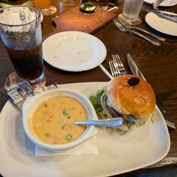 Burger and lobster and shrimp soup