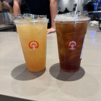 Chagee - Left: guava jasmine citrus tea fresher Right: amber oolong pure tea - Coffee & Tea Near Me - Glendale, California Chagee - Left: guava jasmine citrus tea fresher Right: amber oolong pure tea - Coffee & Tea Near Me - Glendale, California