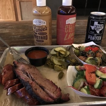 Stiles Switch BBQ & Brew - Two-meat plate with roasted Brussels sprouts - Barbeque Near Me - Austin, Texas