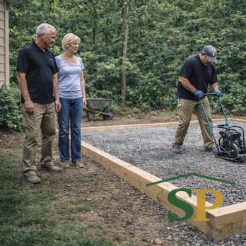 ShedPros - Homeowners reviewing the finished site while the crew completes final grading and leveling. - Sheds & Outdoor Storage Near Me - Olympia, Washington