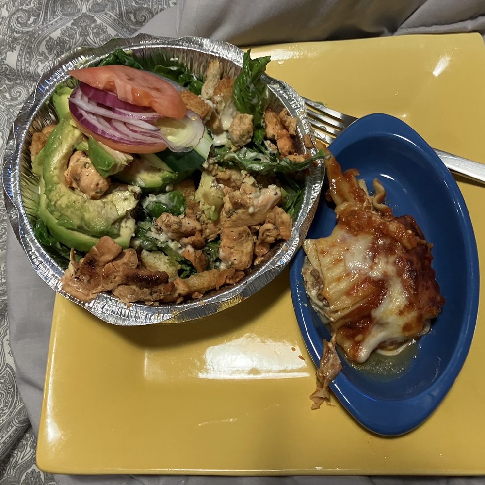 My Grilled Chicken Caesar Avocado Salad. Tasty. Just a small piece of lasagna.
