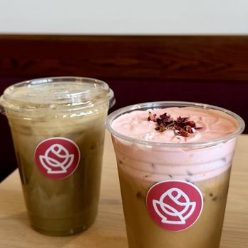 Rosebud Coffee - Rose Cream Top Hojicha Latte - Coffee & Tea Near Me - Los Angeles, California Rosebud Coffee - Rose Cream Top Hojicha Latte - Coffee & Tea Near Me - Los Angeles, California