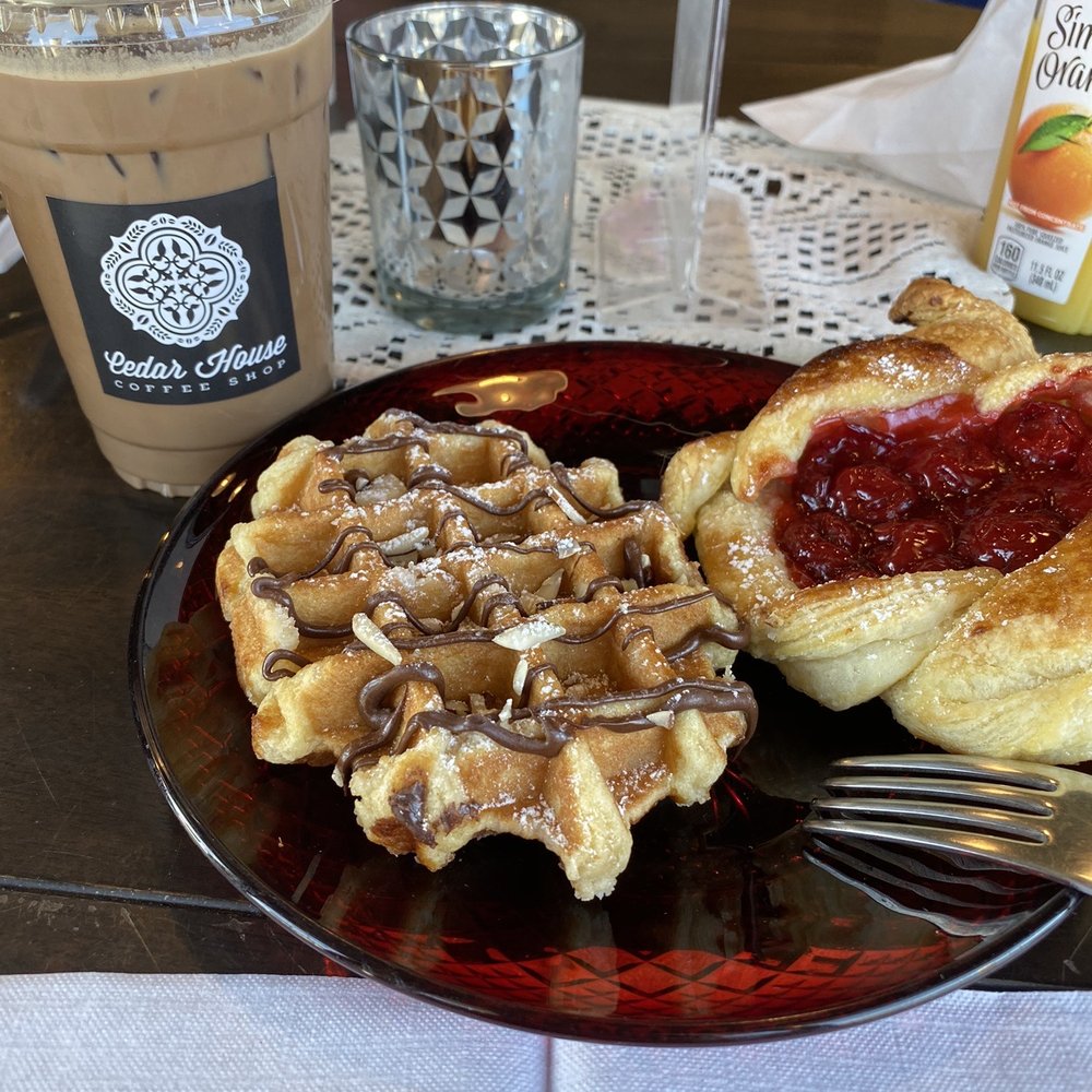 Cedar House - Waffle and cherry danish. Medium Mocha. - Coffee & Tea Near Me - Flagstaff, Arizona