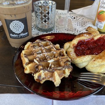 Cedar House - Waffle and cherry danish. Medium Mocha. - Coffee & Tea Near Me - Flagstaff, Arizona Cedar House - Waffle and cherry danish. Medium Mocha. - Coffee & Tea Near Me - Flagstaff, Arizona