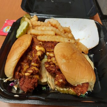 Dave's Hot Chicken - Hot chicken sliders...1 with cheese, 1 without cheese - Chicken Shop Near Me - Plano, Texas