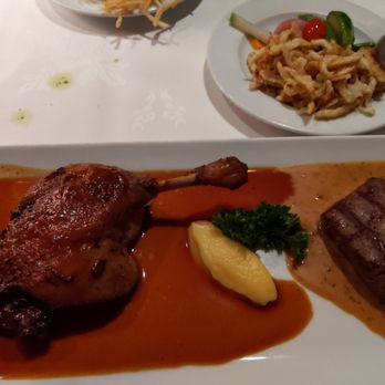 Le Crocodile Restaurant - Duo of duck and venison, served with spätzle and vegetables - French Near Me - Vancouver, British Columbia Le Crocodile Restaurant - Duo of duck and venison, served with spätzle and vegetables - French Near Me - Vancouver, British Columbia