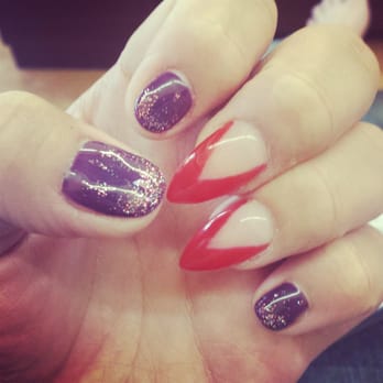 Sunset Nails - Red Acrylics & purple glitter - Nail Salons Near Me - San Francisco, California Sunset Nails - Red Acrylics & purple glitter - Nail Salons Near Me - San Francisco, California