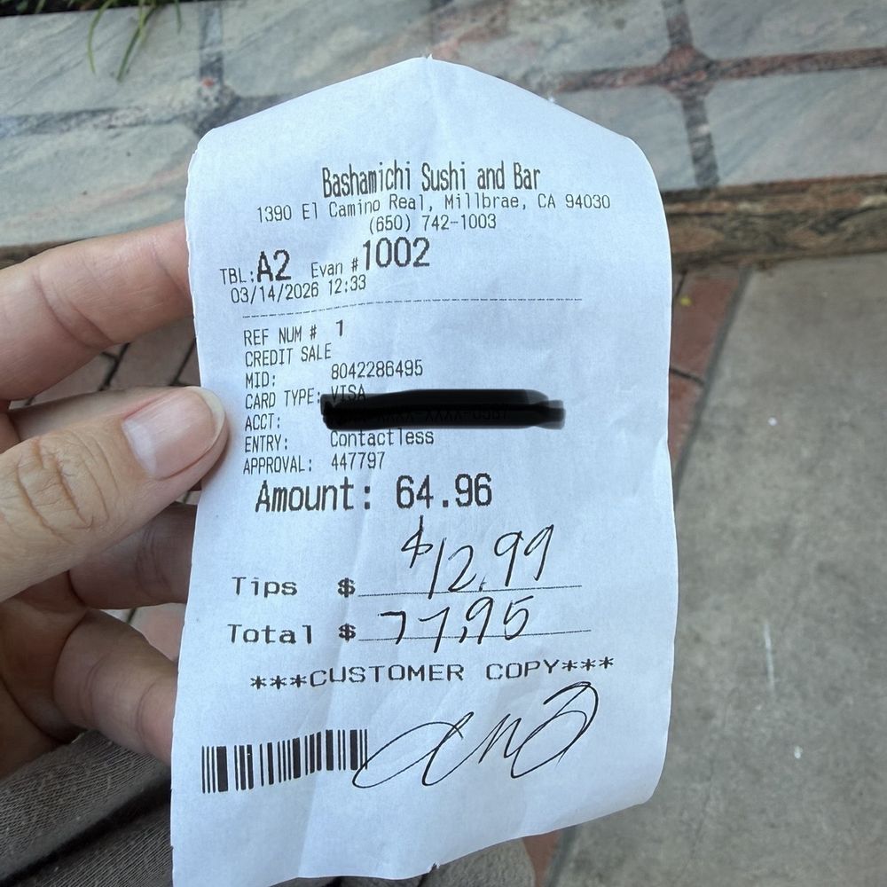 Bashamichi Sushi and Bar - Cost of total order - Japanese Near Me - Millbrae, California Bashamichi Sushi and Bar - Cost of total order - Japanese Near Me - Millbrae, California