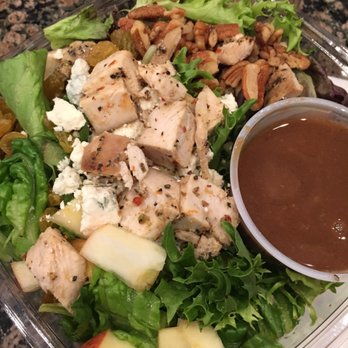 Salad and Go - Mixed greens, chicken, blue cheese, apples, golden raisins, candied pecans, and creamy balsamic vinaigrette. Yum!! - Salad Near Me - Gilbert, Arizona