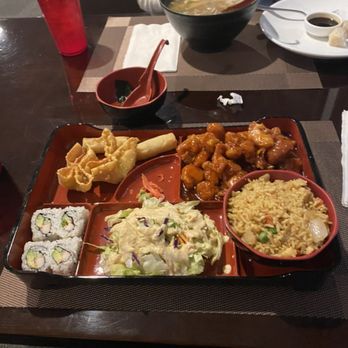 Asian Harbor - Dinner bento with orange chicken and miso soup (empty bowl in back) - Asian Fusion Near Me - Indianapolis, Indiana