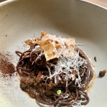 SPQR - Cocoa spaghetti, Buffalo bolognese and celery root - Italian Near Me - San Francisco, California SPQR - Cocoa spaghetti, Buffalo bolognese and celery root - Italian Near Me - San Francisco, California
